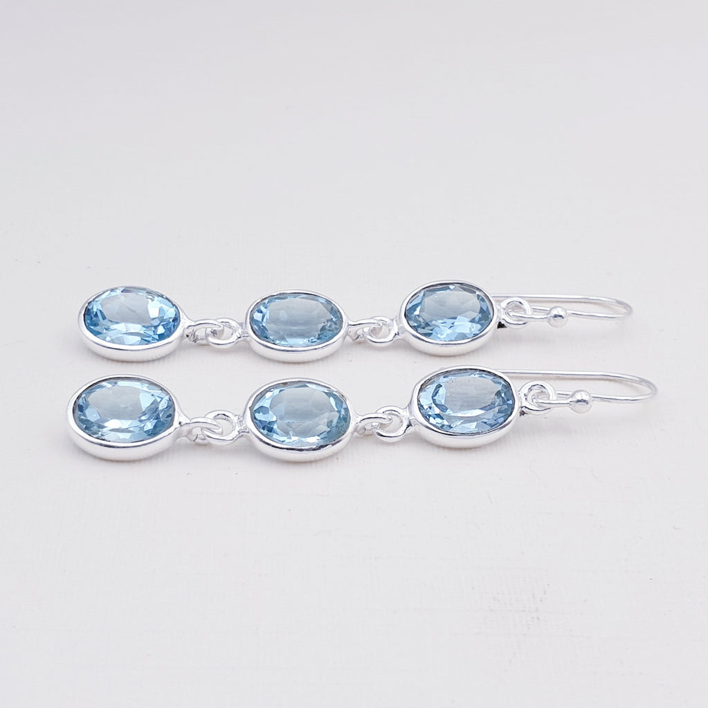 Blue Topaz Sterling Silver Triple Oval Earrings