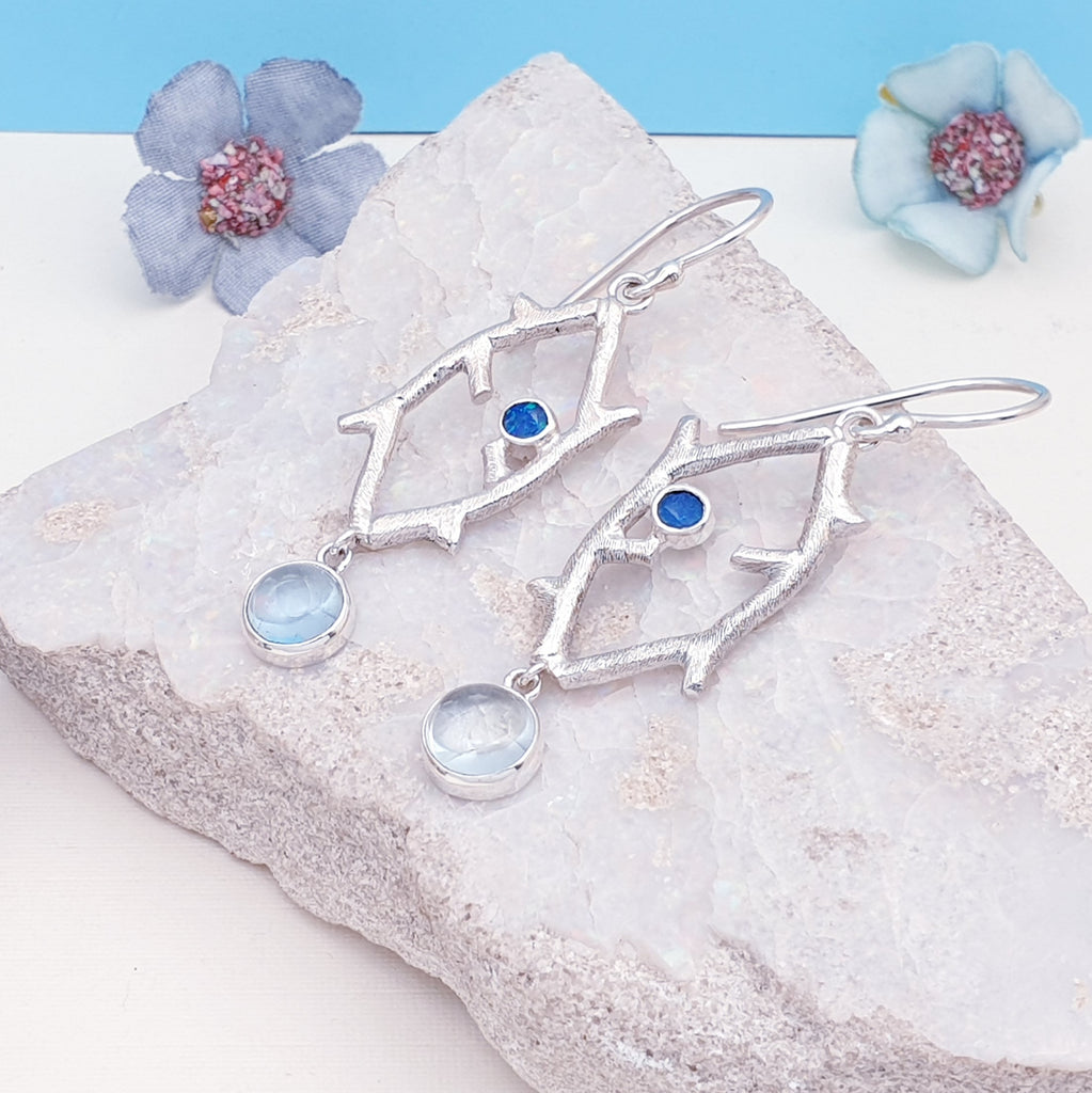 Blue Topaz and Opal Sterling Silver Branch Earrings