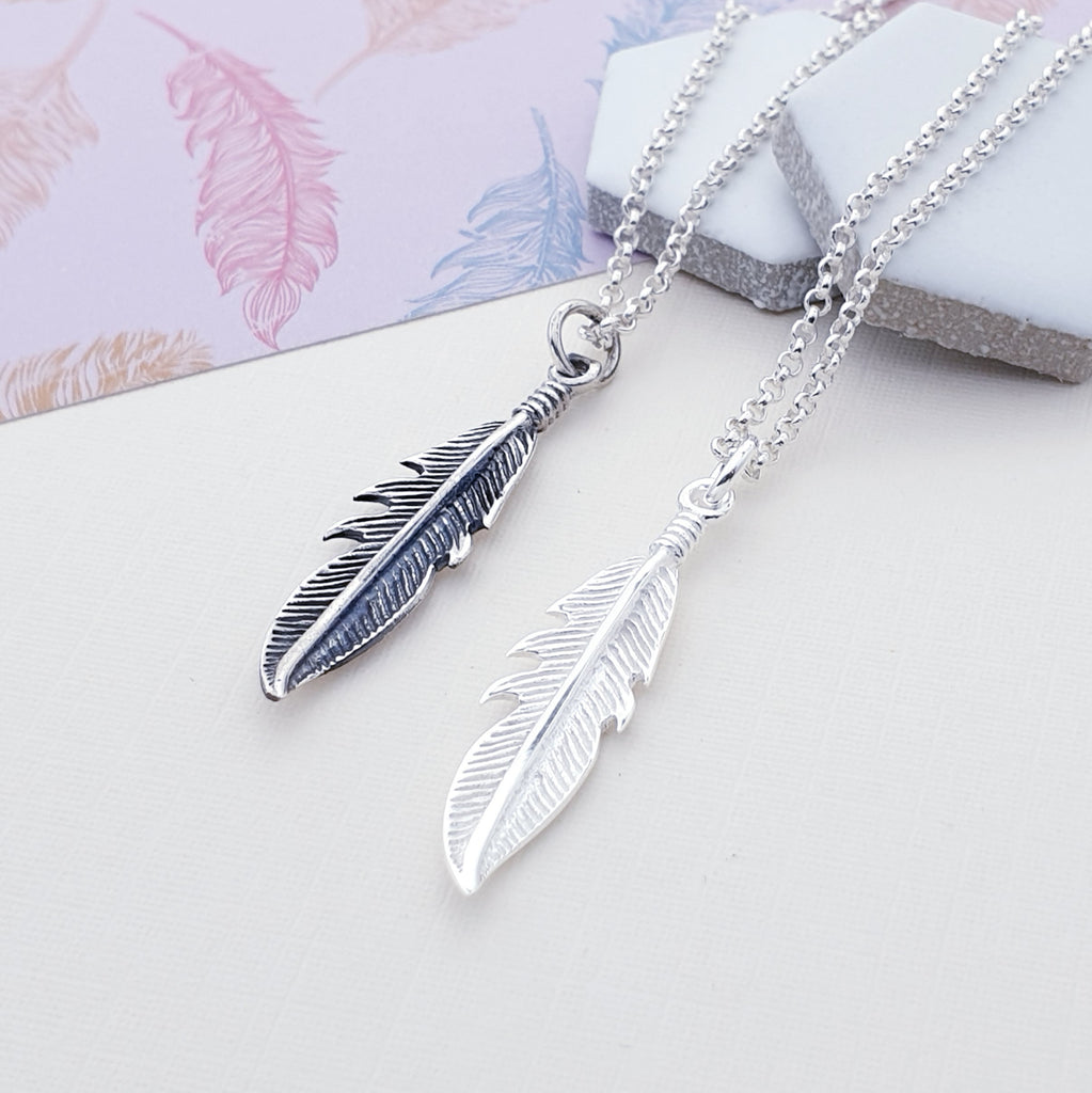 Sterling Silver Polished or Oxidised Silver Feather Pendant