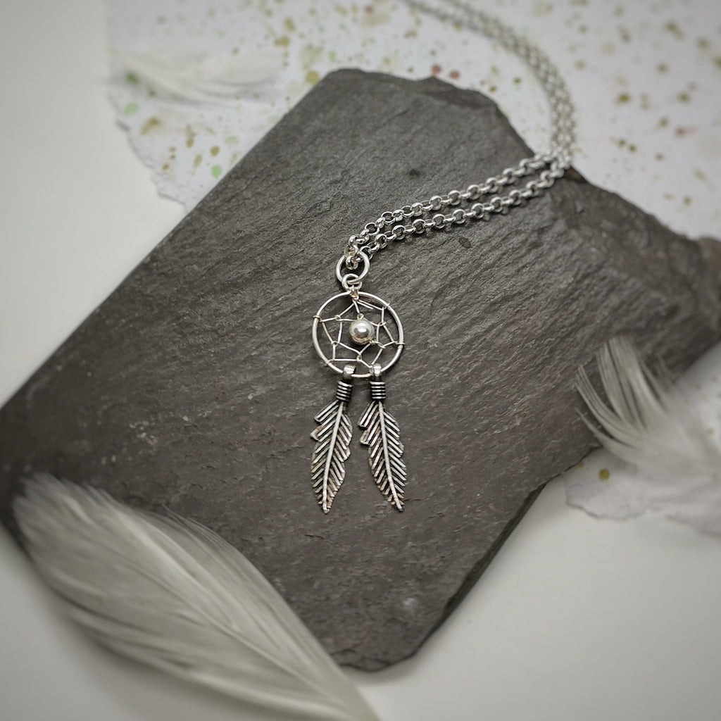 Sterling Silver Double Feather Dream Catcher Pendant