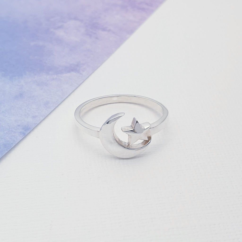 The face of the ring features a beautiful cut out, Sterling Silver crescent moon and a star. This ring will sit beautifully on its own or combined with other rings and is bound to become a well loved piece of jewellery.