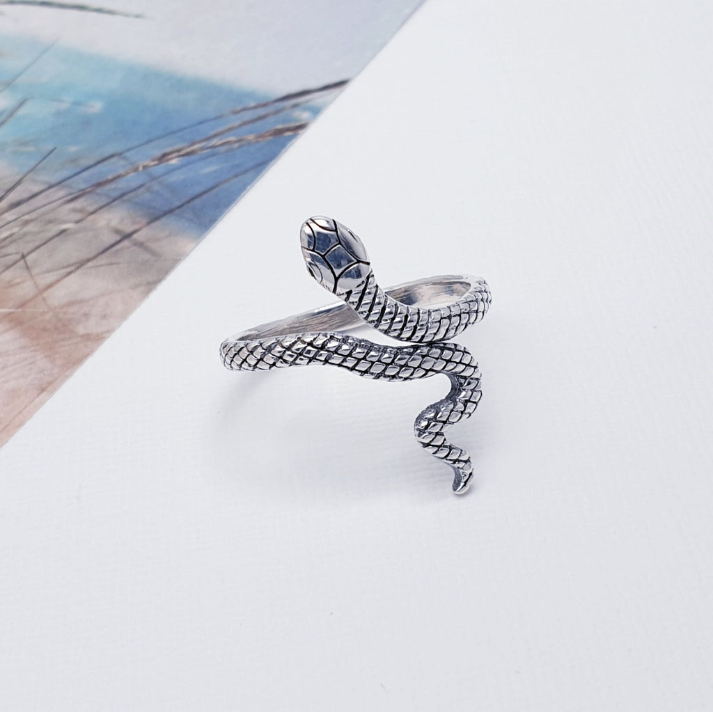 A gorgeous design, this ring features a beautiful snake design that wraps comfortably around the finger. A clever use of oxidisation in the design, adds depth and presence.