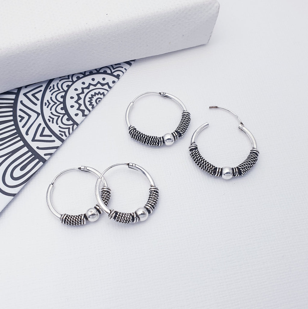 These Sterling Silver hoops have beautiful Bali style intricate detailing. This enhances the Bohemian style and are perfect for your next summer festival or holiday.