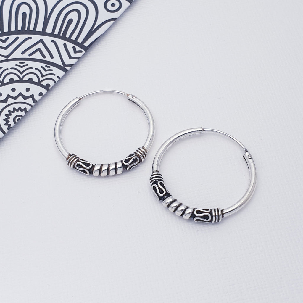 These Sterling Silver hoops have beautiful Bali style intricate detailing. This enhances the Bohemian style and are perfect for your next summer festival or holiday.