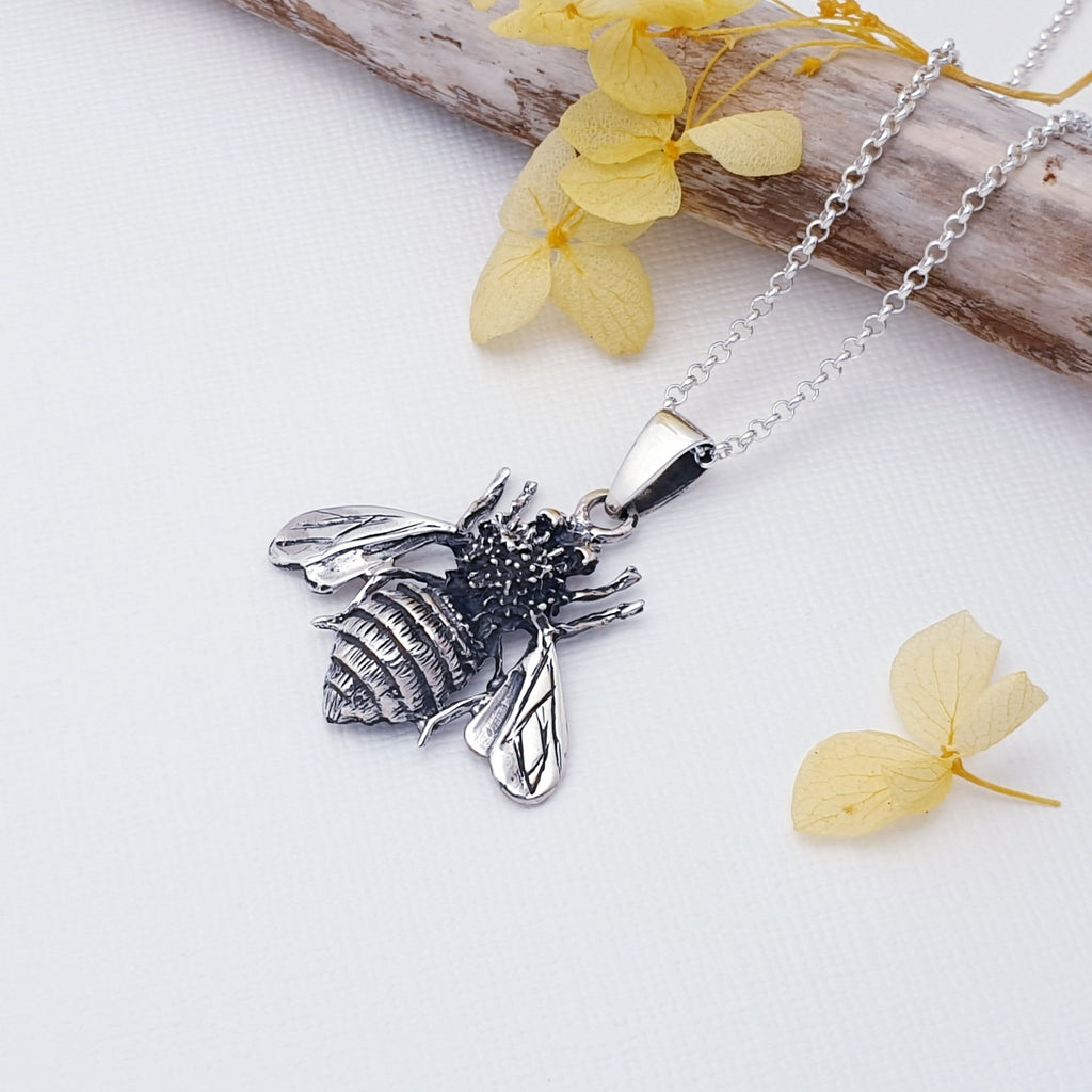 Our gorgeous Sterling Silver Bee Pendant is beautifully intricate, and the oxidised finish adds to the detail.  Show off your love for nature in style with this Sterling Silver Bee Pendant! This unique pendant is an oh-so-sweet addition to any outfit, and a buzzworthy conversation starter.