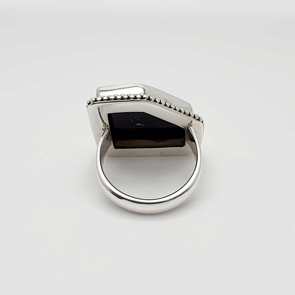 Onyx Sterling Silver Boho Pentagon Ring - Size Q