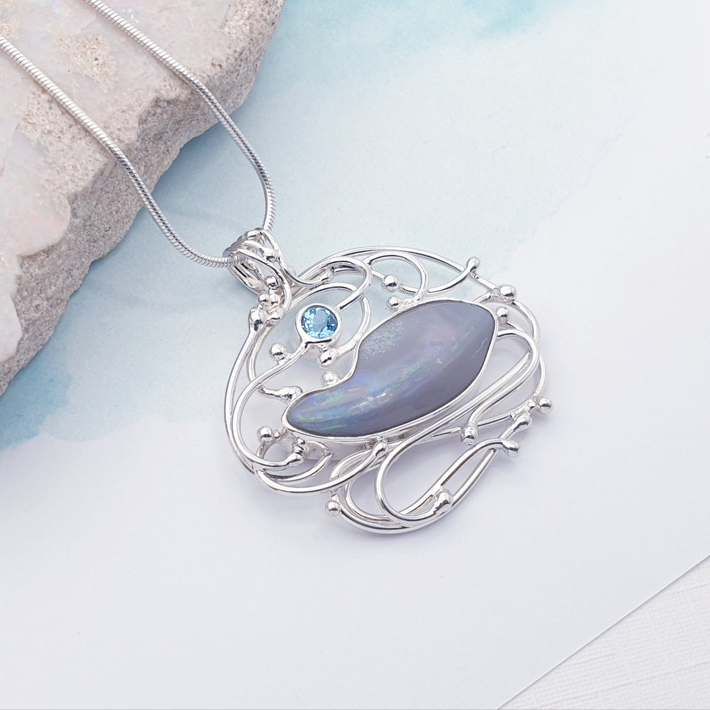 One-off Large Opal Shell and Blue Topaz Sterling Silver Orion Pendant