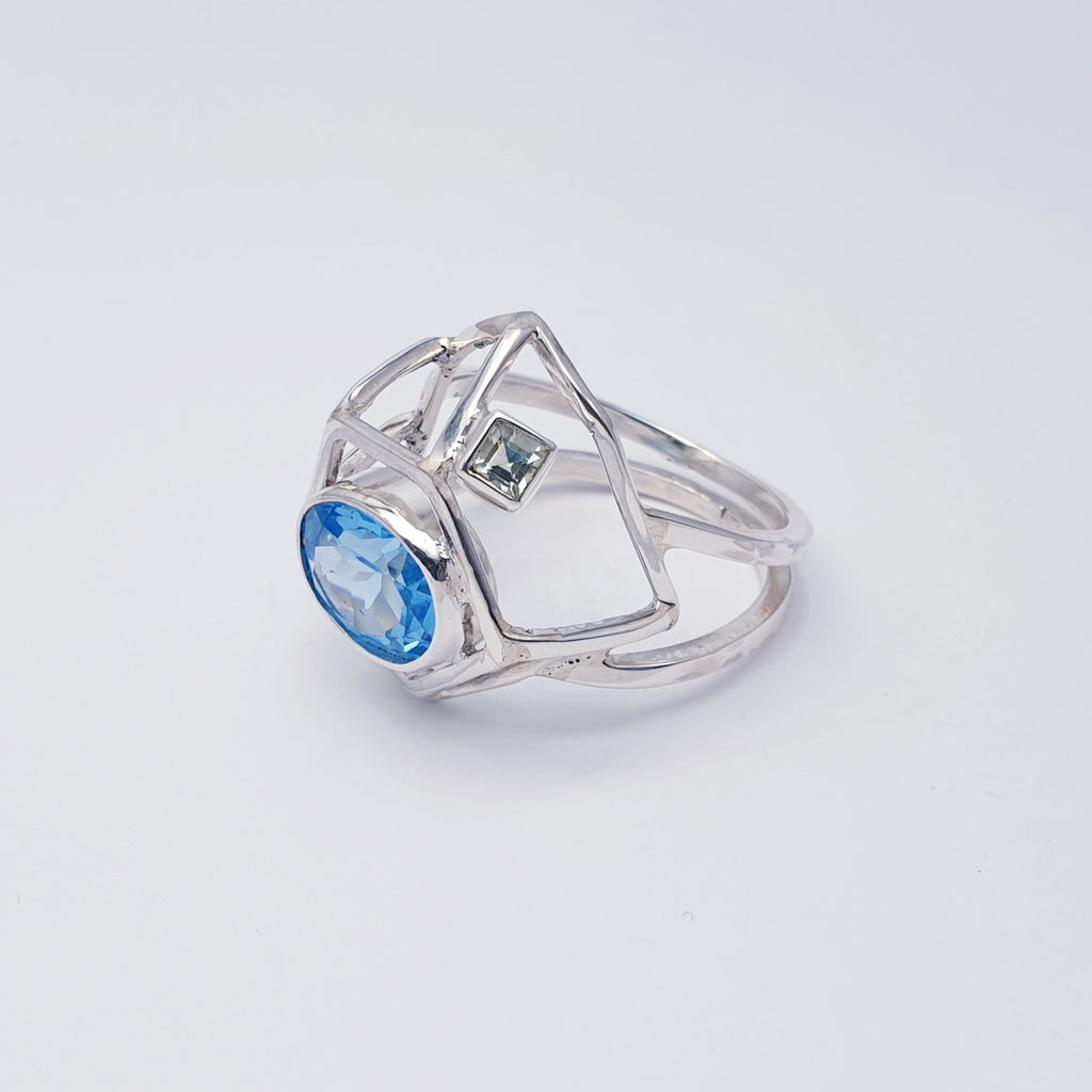 Swiss Blue Topaz and Green Amethyst Sterling Silver Geo Ring- Size S