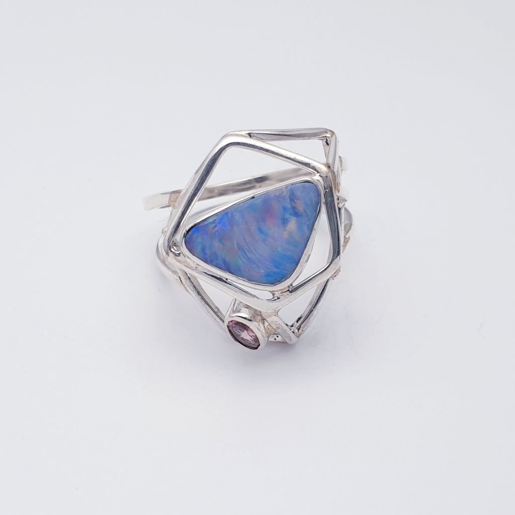 One-off Opal and Tourmaline Sterling Silver Geo Ring - Size P
