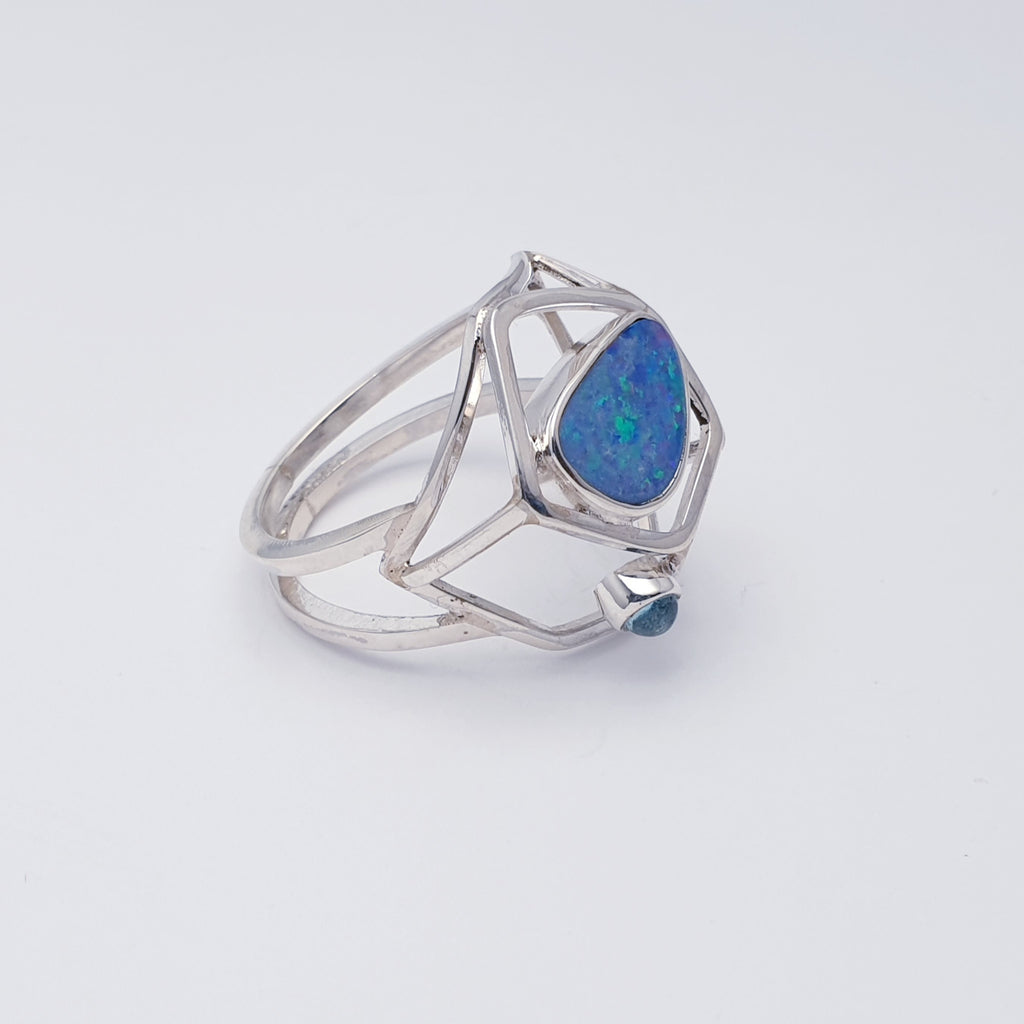One-off Opal and Blue Topaz Sterling Silver Geo Ring - Size R