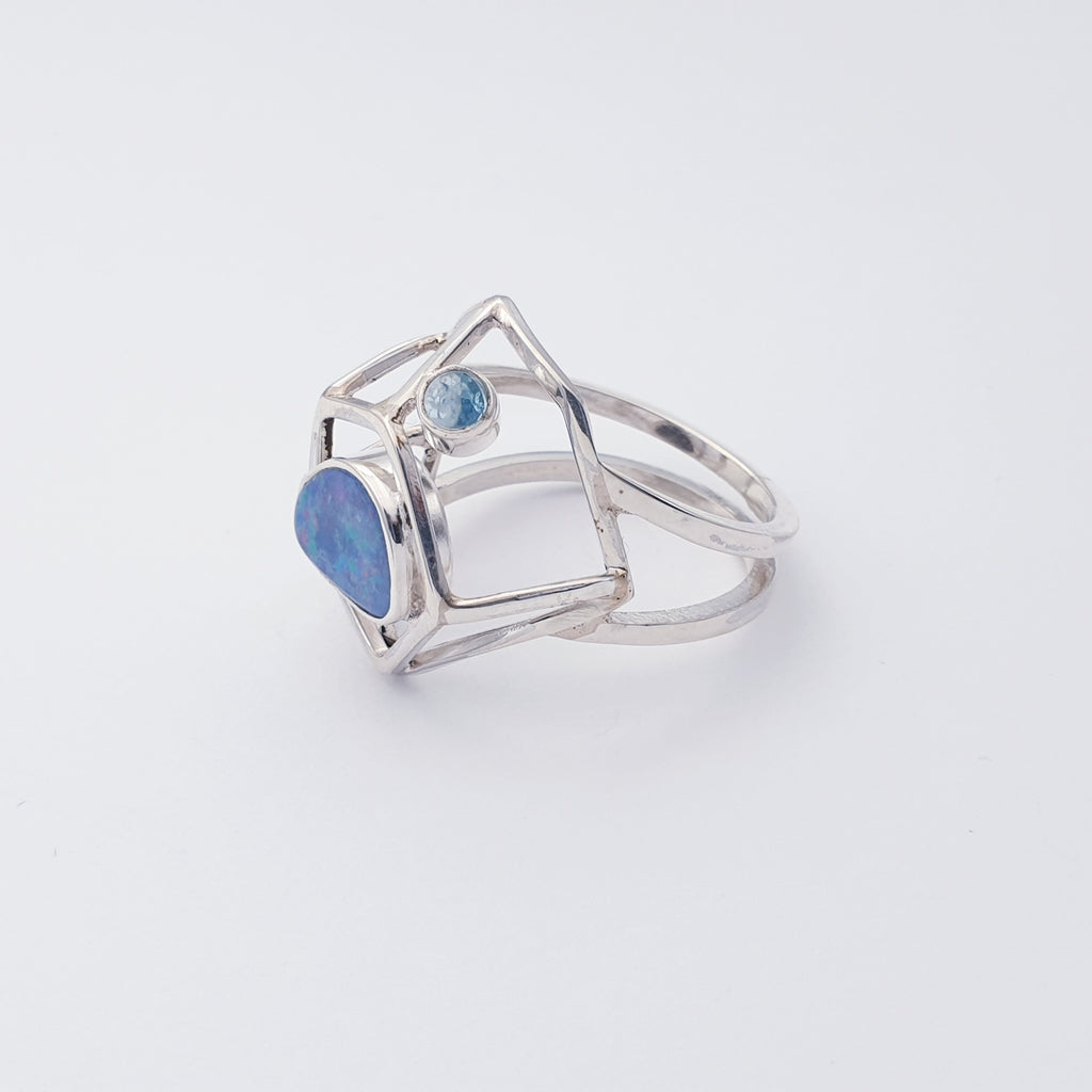 One-off Opal and Blue Topaz Sterling Silver Geo Ring - Size R