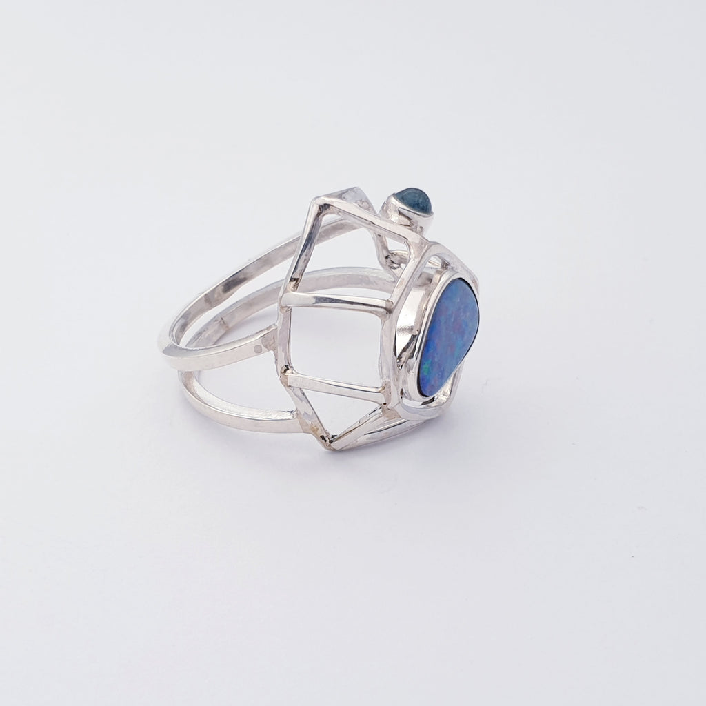 One-off Opal and Blue Topaz Sterling Silver Geo Ring - Size R