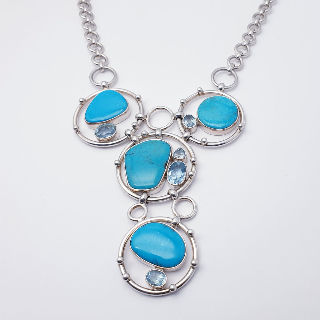 One-off Turquoise and Blue Topaz Sterling Silver Cosmic Necklace - 20"