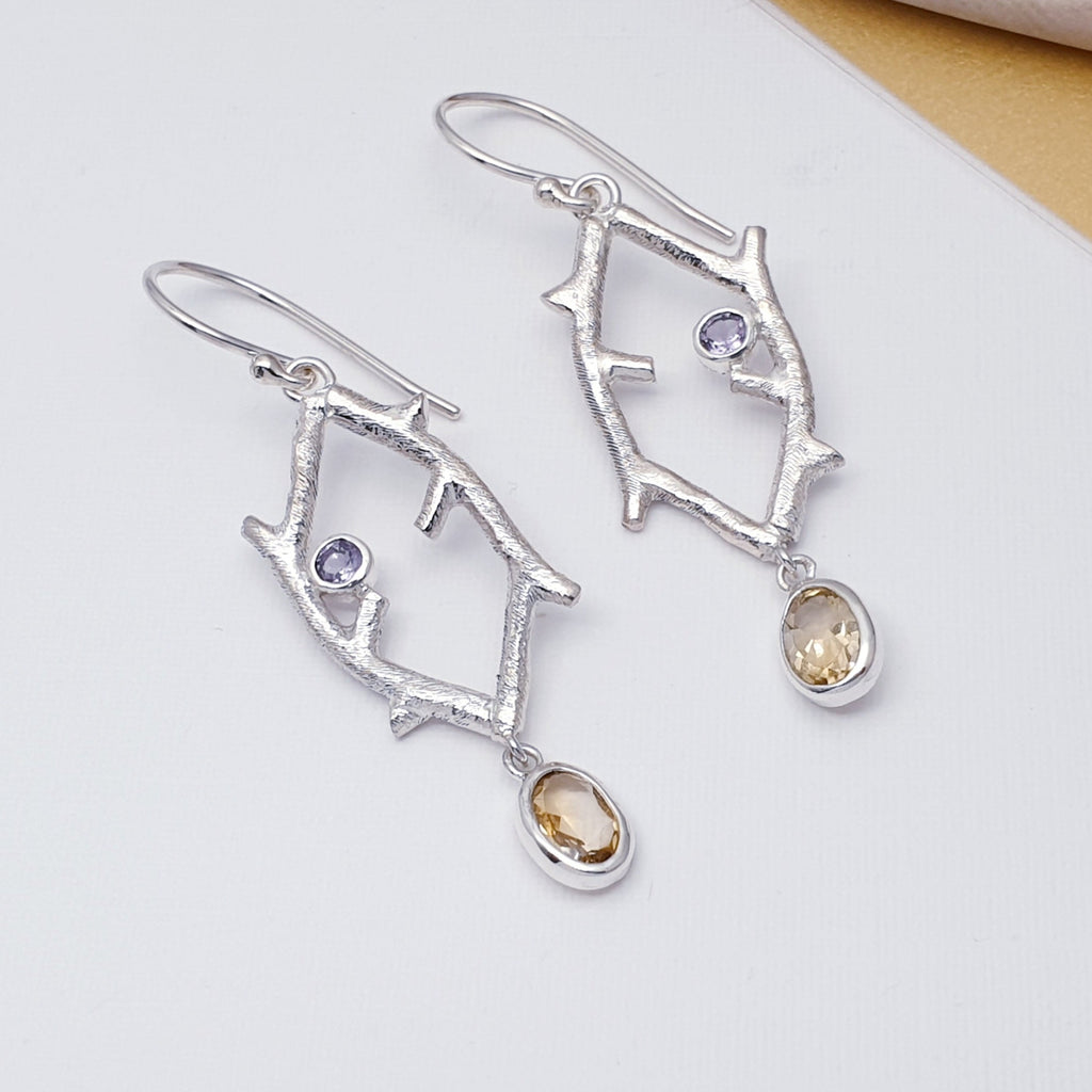 Citrine and Amethyst Sterling Silver Branch Earrings