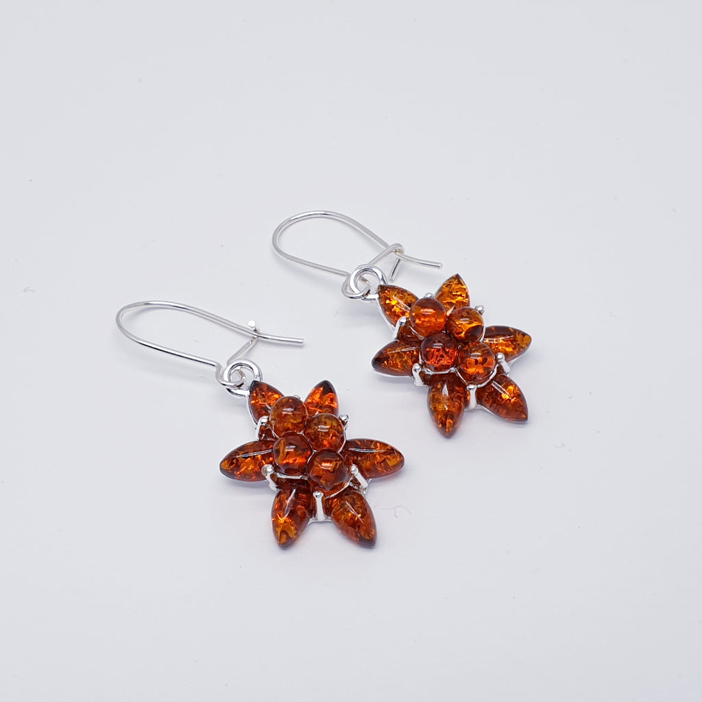 Each earring features ten beautiful round and marquise shaped Baltic Toffee Amber stones.  In a gorgeous star flower shape, this adorable pair of earrings are exquisitely feminine and is sure to become your everyday favourite.  A closed hook fastening means that they are extra secure so you won't have to worry about loosing them.