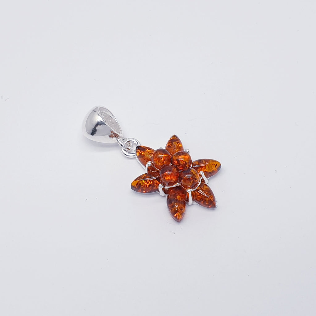 This pendant features ten round and marquise shaped Baltic Toffee Amber stones.  The Amber stones have been beautifully crafted into a gorgeous star flower shape. This adorable pendant is exquisitely feminine and is sure to become an everyday favourite. 