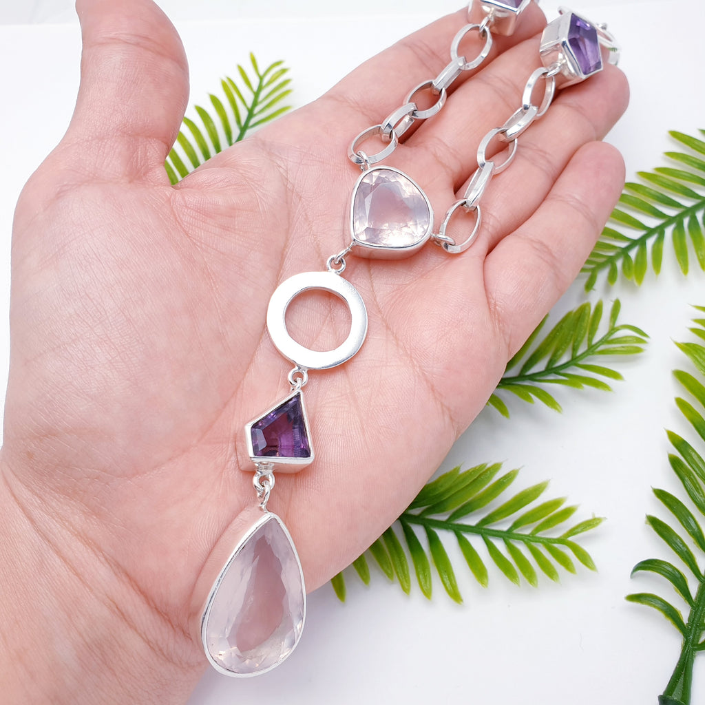One-off Rose Quartz and Amethyst Sterling Silver Dewi Necklace- 24"