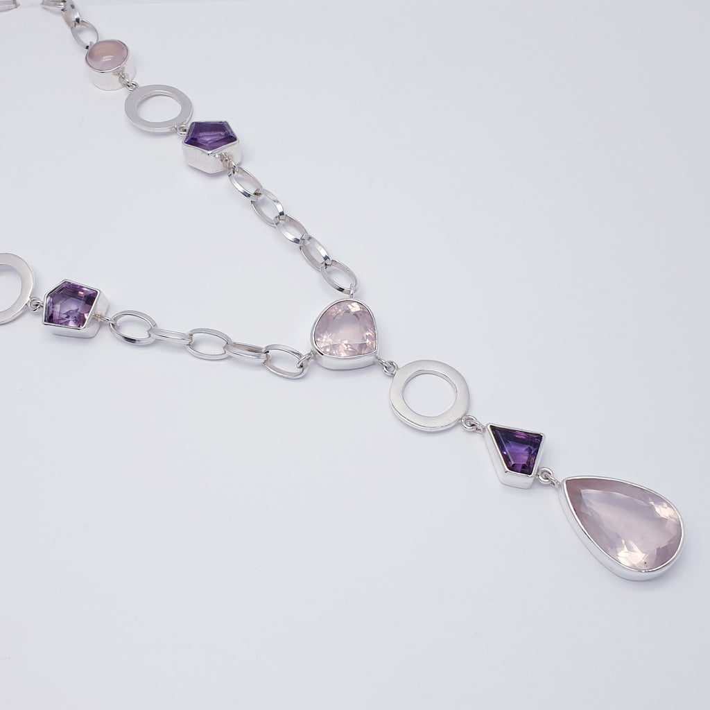 One-off Rose Quartz and Amethyst Sterling Silver Dewi Necklace- 24"