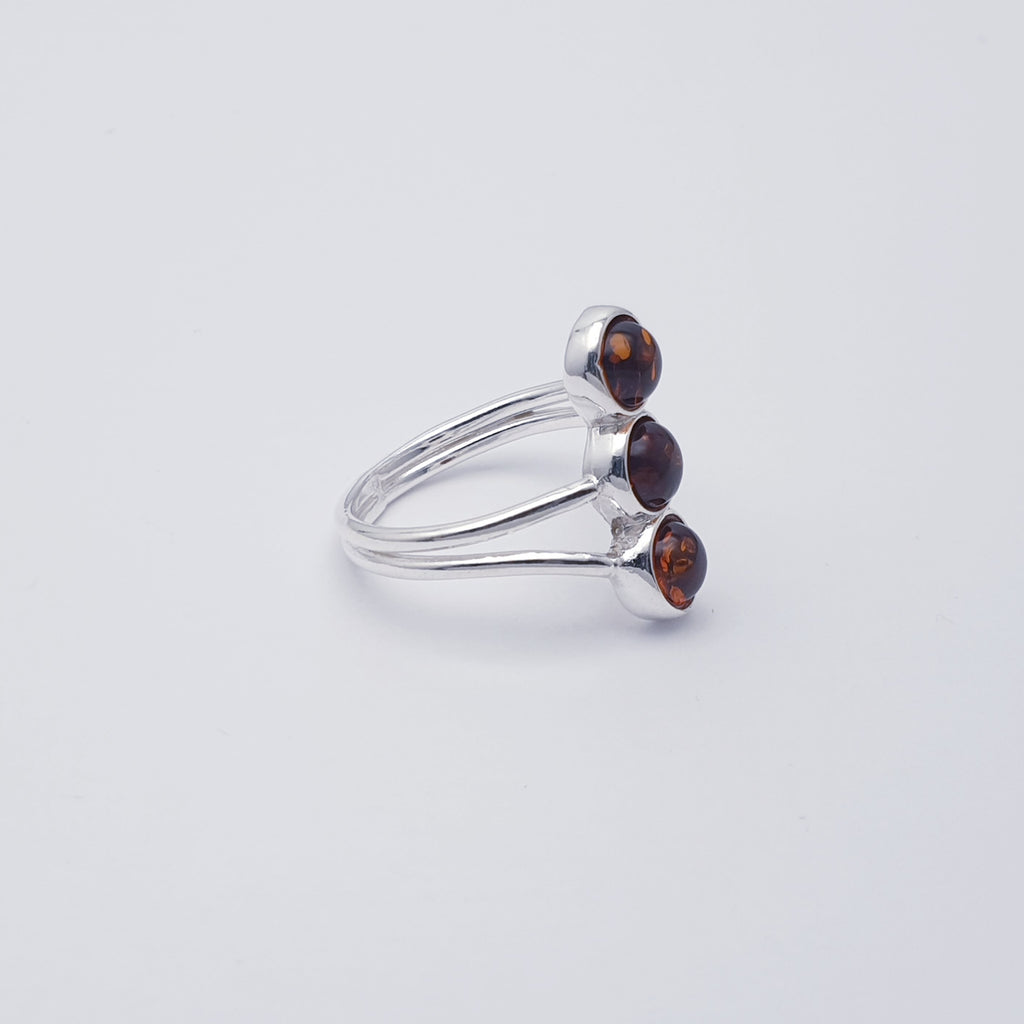 Toffee Amber Sterling Silver Three Stone Ring - Size L