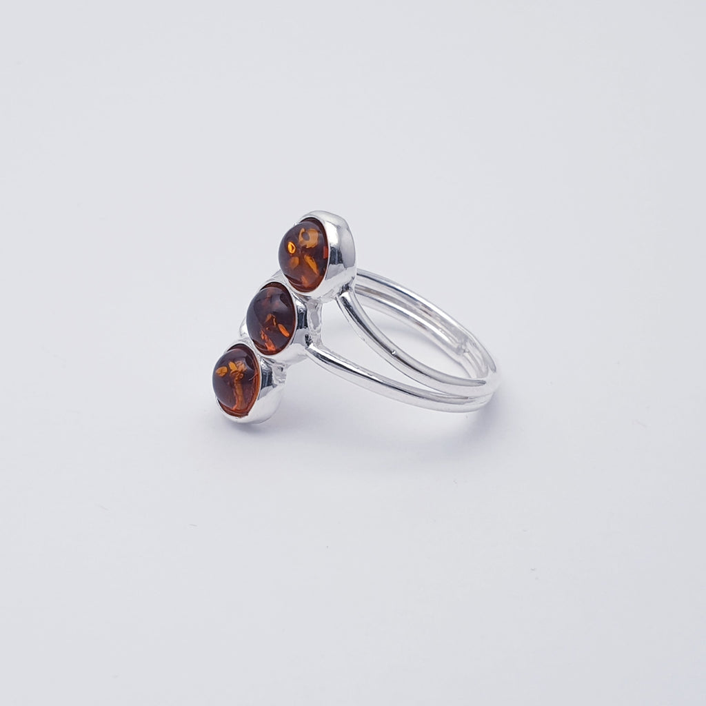 Toffee Amber Sterling Silver Three Stone Ring - Size L