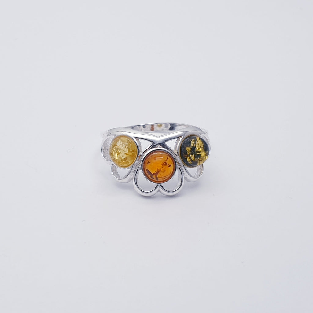 Mixed Amber Sterling Silver Hearts Ring