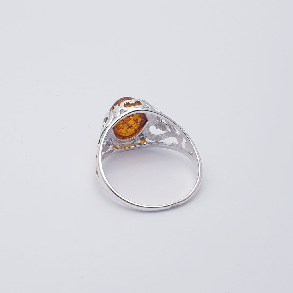 Toffee Amber Sterling Silver Filigree Ring