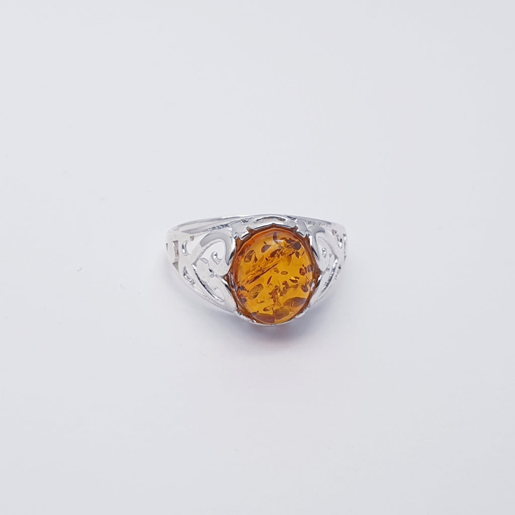 Toffee Amber Sterling Silver Filigree Ring