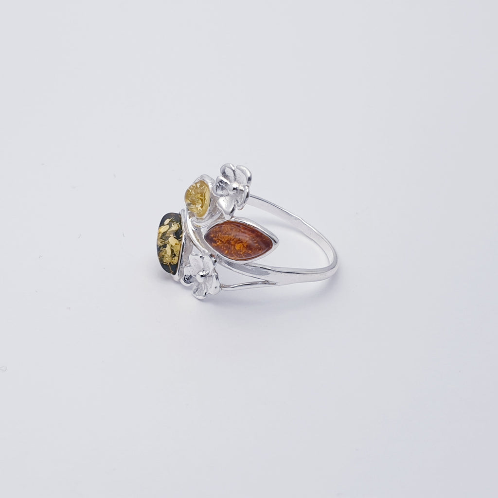 Mixed Amber Sterling Silver Spring Flowers Ring