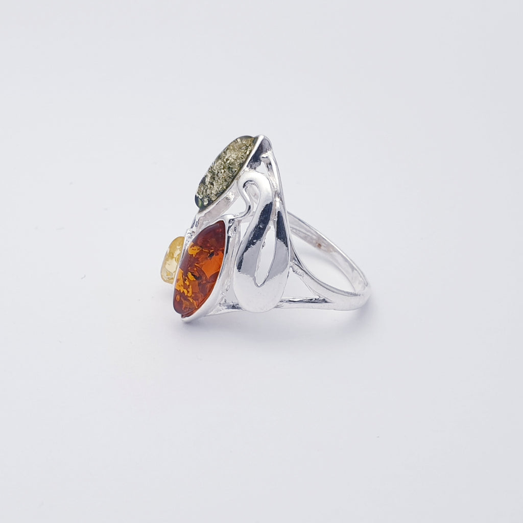 Mixed Amber Sterling Silver Abstract Ring