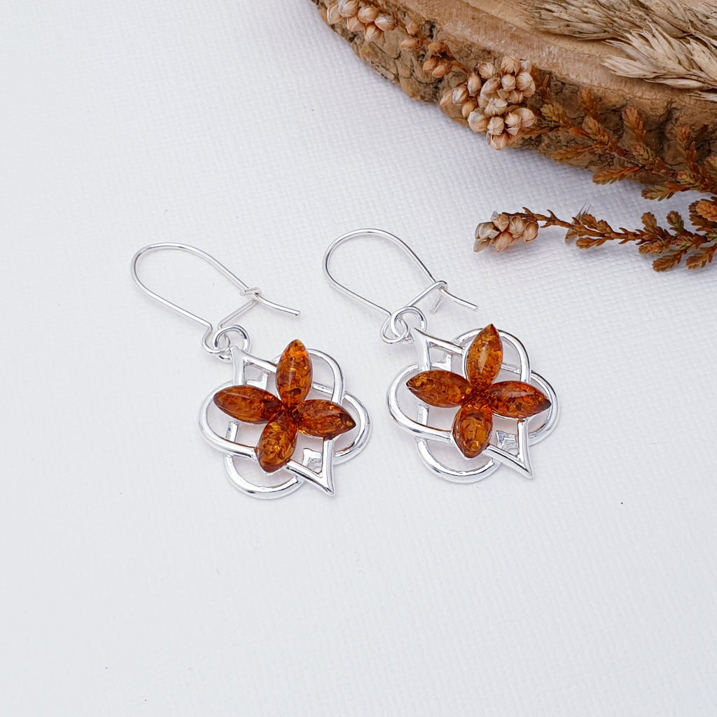 Each earring features four beautiful marquise shaped Baltic Toffee Amber stones. In a gorgeous 3D star flower shape, this adorable pair of earrings are exquisitely feminine and are sure to become your everyday favourites. A Celtic inspired design of two love hearts, showcases the fabulous Toffee Amber stones.
