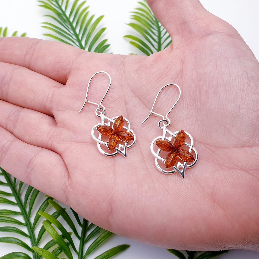 Toffee Amber Sterling Silver Celtic Love Knot Earrings