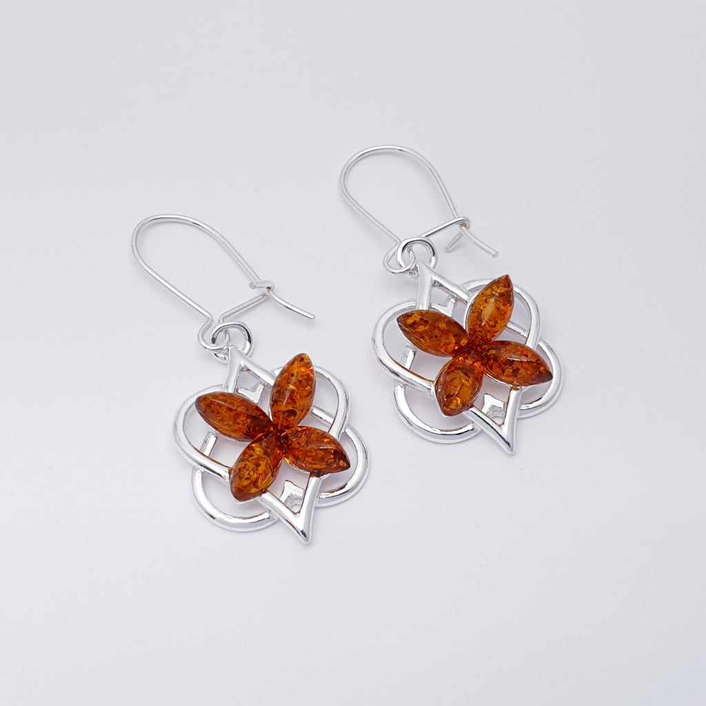 Toffee Amber Sterling Silver Celtic Love Knot Earrings