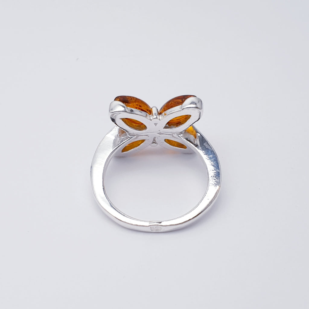 Toffee Amber Sterling Silver Bunchberry Flower Ring