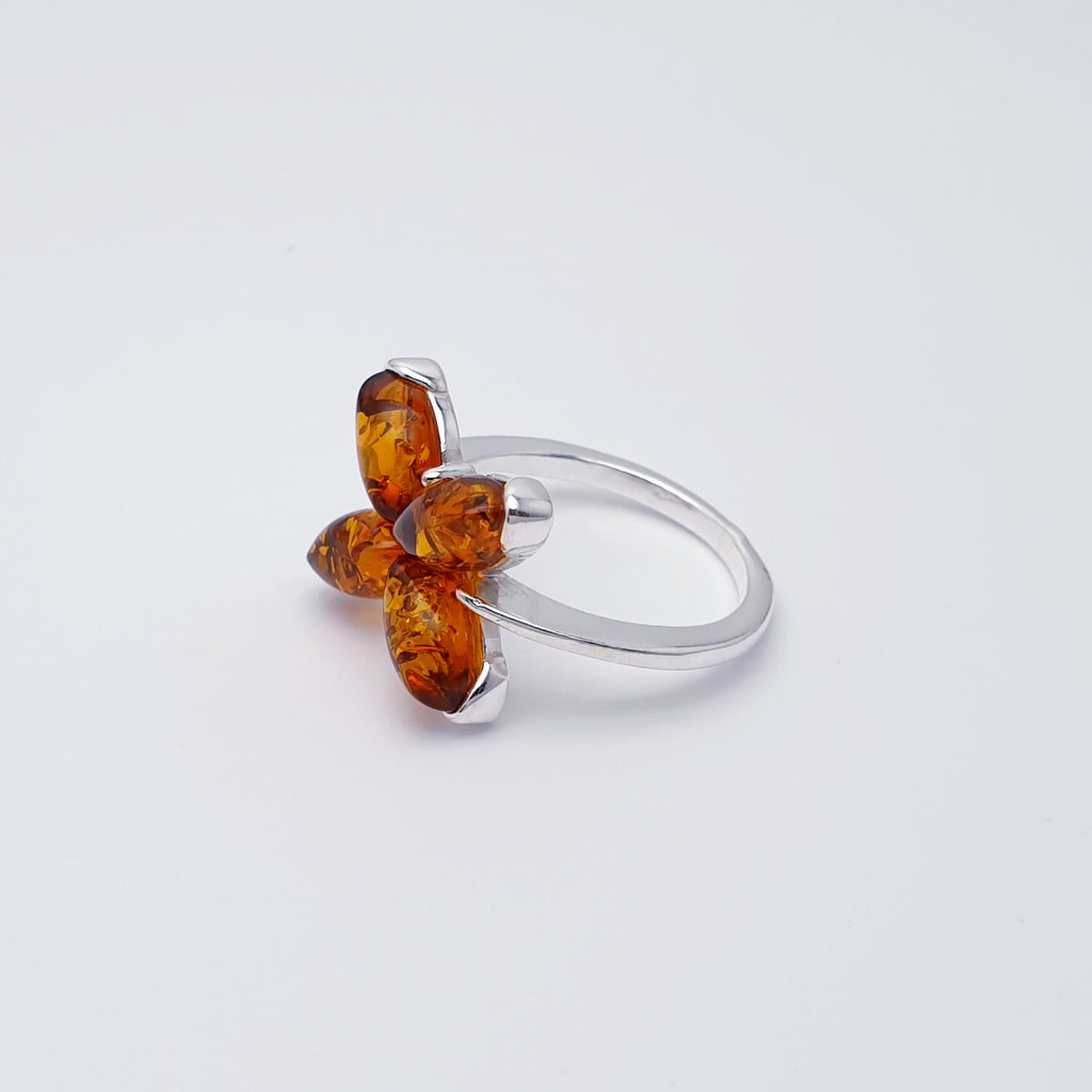 Toffee Amber Sterling Silver Bunchberry Flower Ring