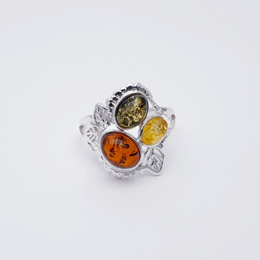 Mixed Amber Sterling Silver Autumn Bloom Ring