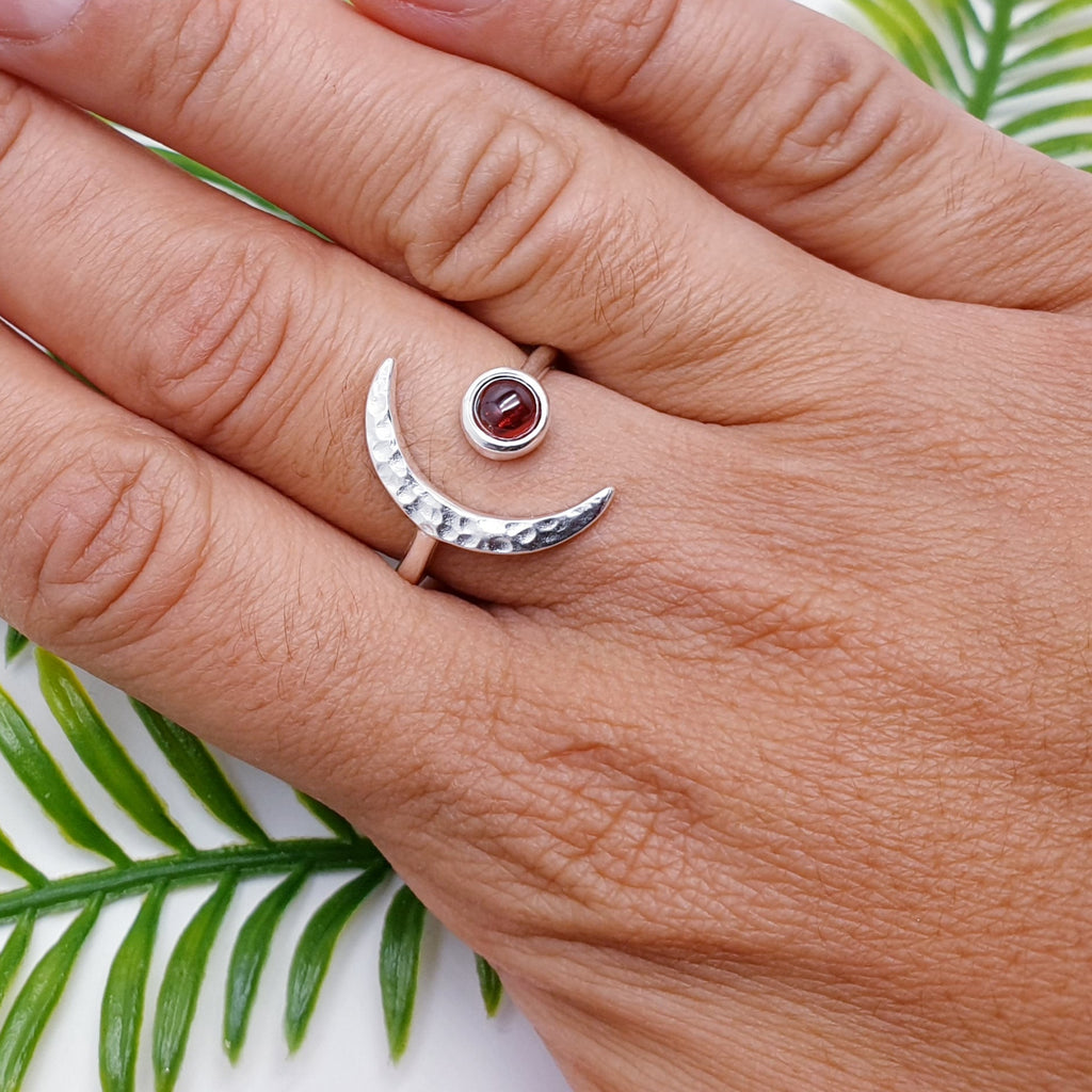 Garnet Sterling Silver Crescent Moon Ring - Adjustable size M-Q