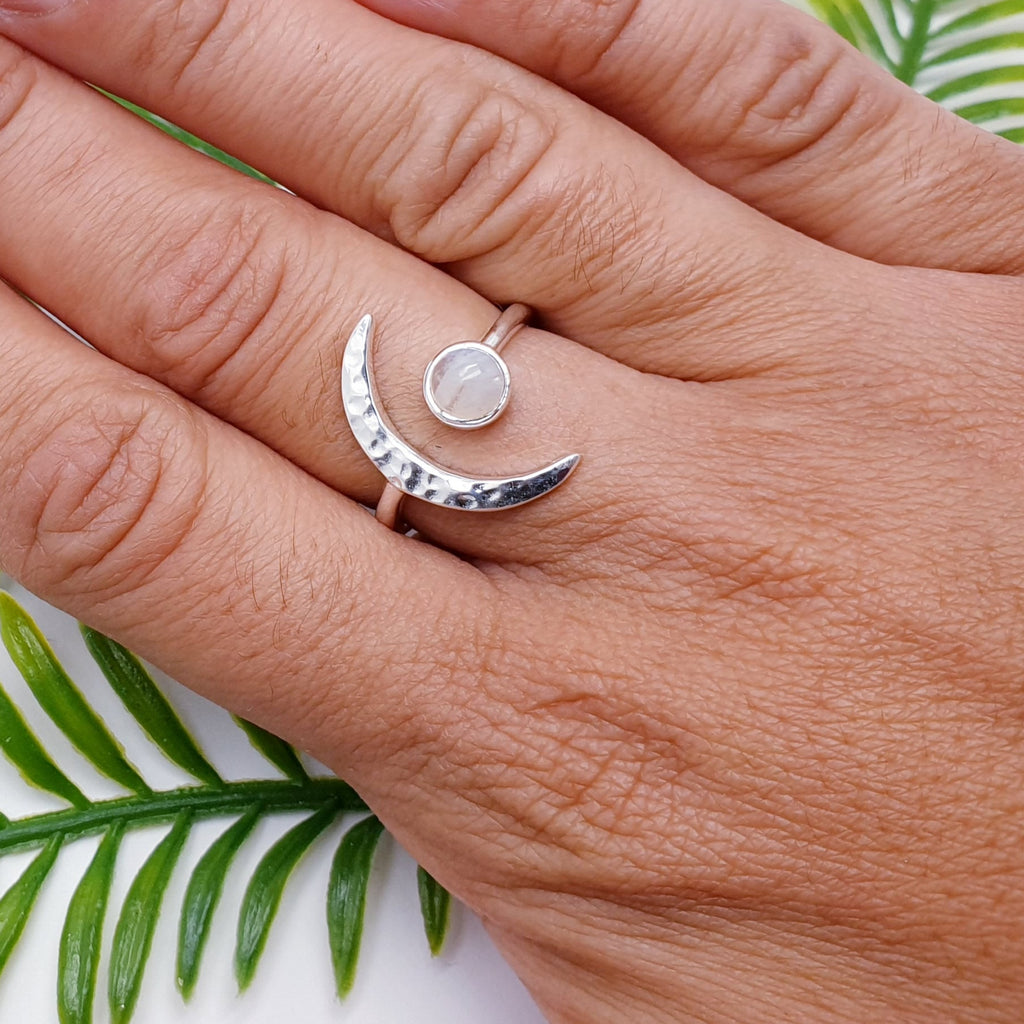 Moonstone Sterling Silver Crescent Moon Ring - Adjustable size M-Q