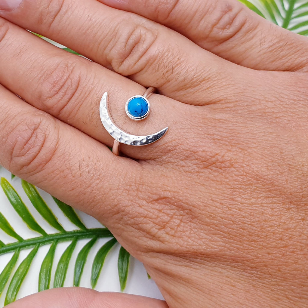 Turquoise Sterling Silver Crescent Moon Ring - Adjustable size M-Q
