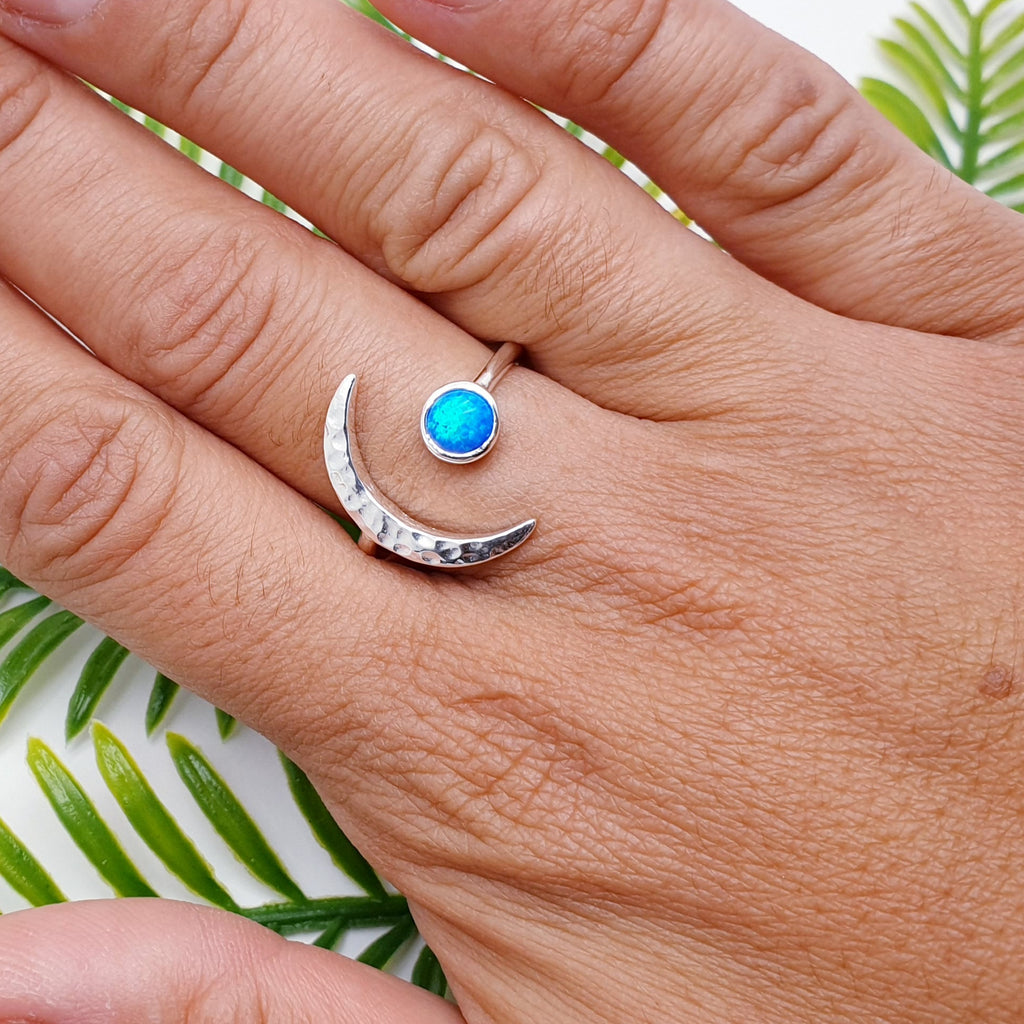Reconstituted Opal Sterling Silver Crescent Moon Ring - Adjustable size M-Q