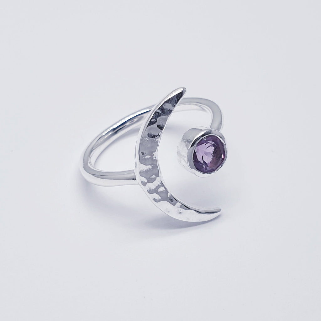Amethyst Sterling Silver Crescent Moon Ring - Adjustable size M-Q