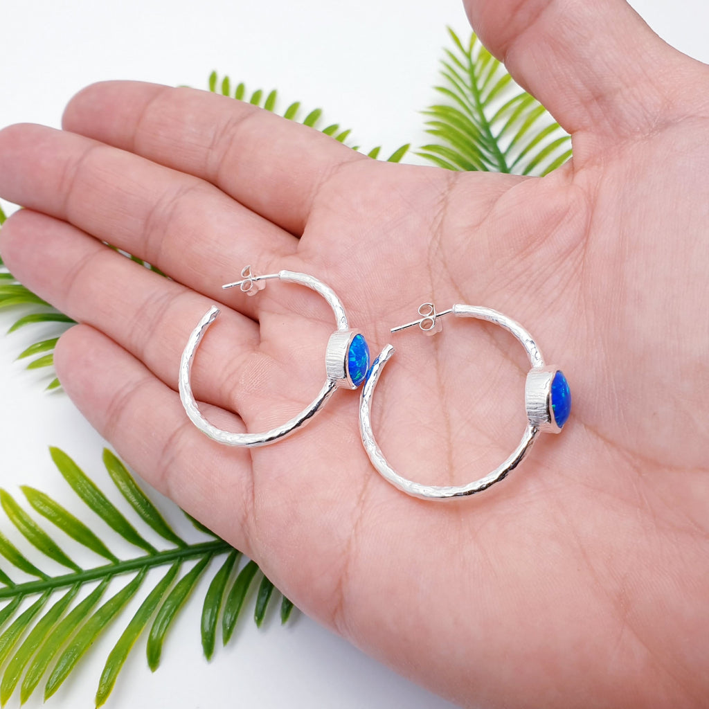 Reconstituted Opal Sterling Silver Hammered Half Hoops