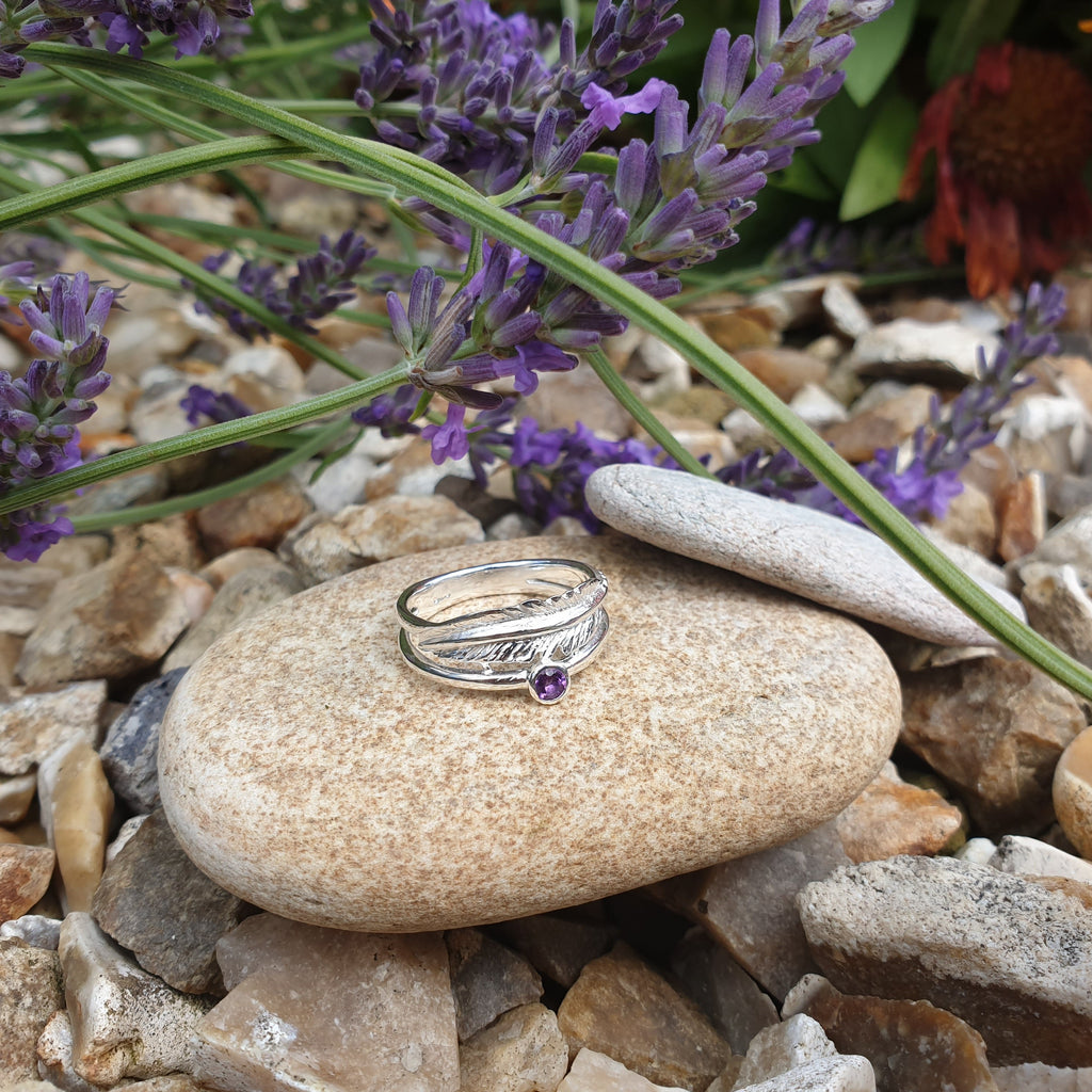 Amethyst Sterling Silver Feather Ring