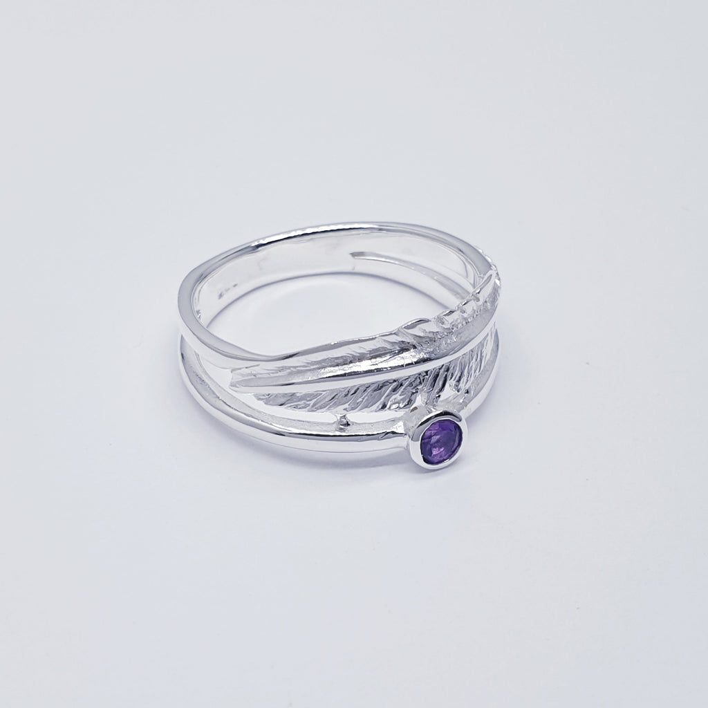 Amethyst Sterling Silver Feather Ring