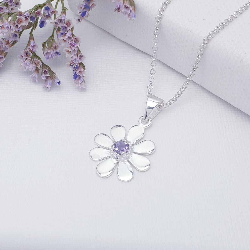 dainty natural amethyst and sterling silver daisy pendant.