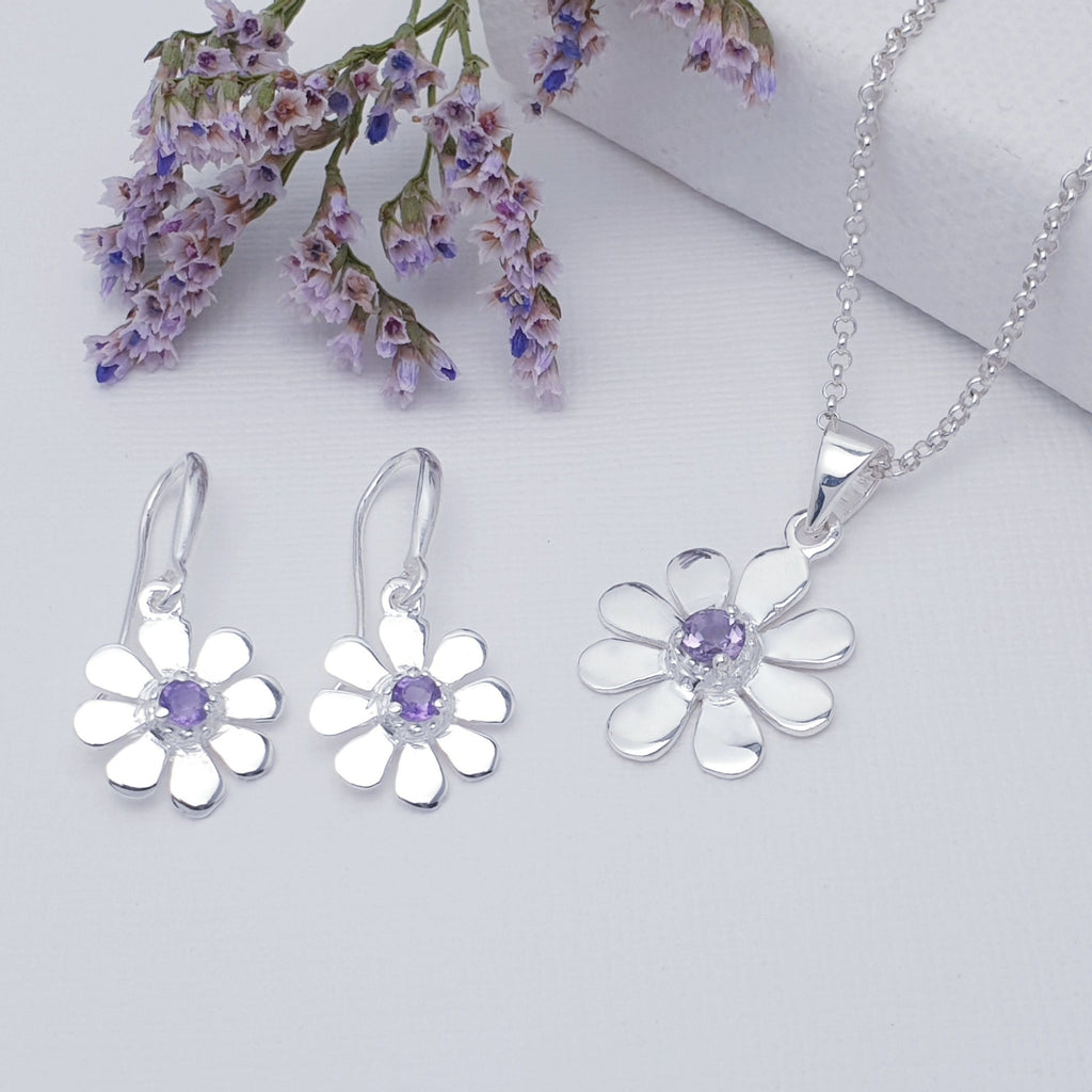 dainty natural amethyst and sterling silver daisy jewellery set.