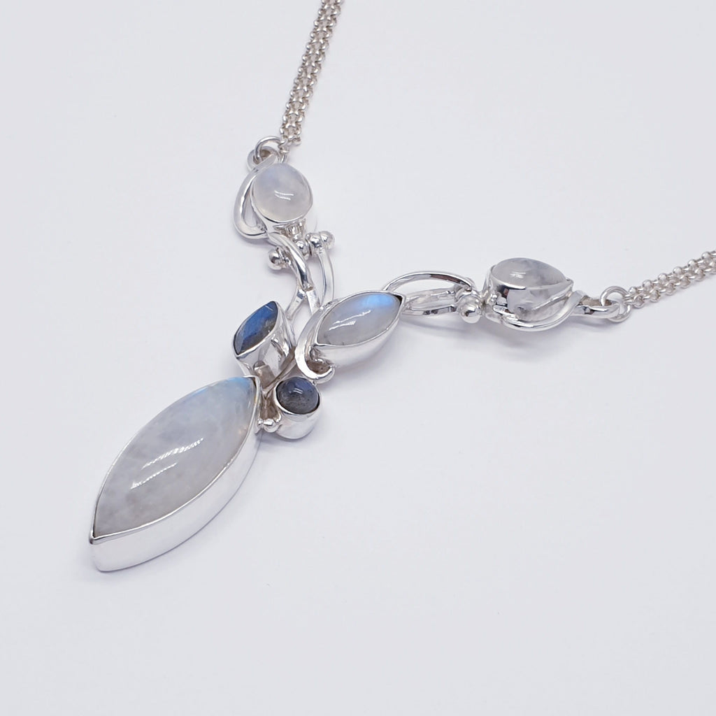 One-off Moonstone and Labradorite Sterling Silver Vine Drop Necklace 16"-18"