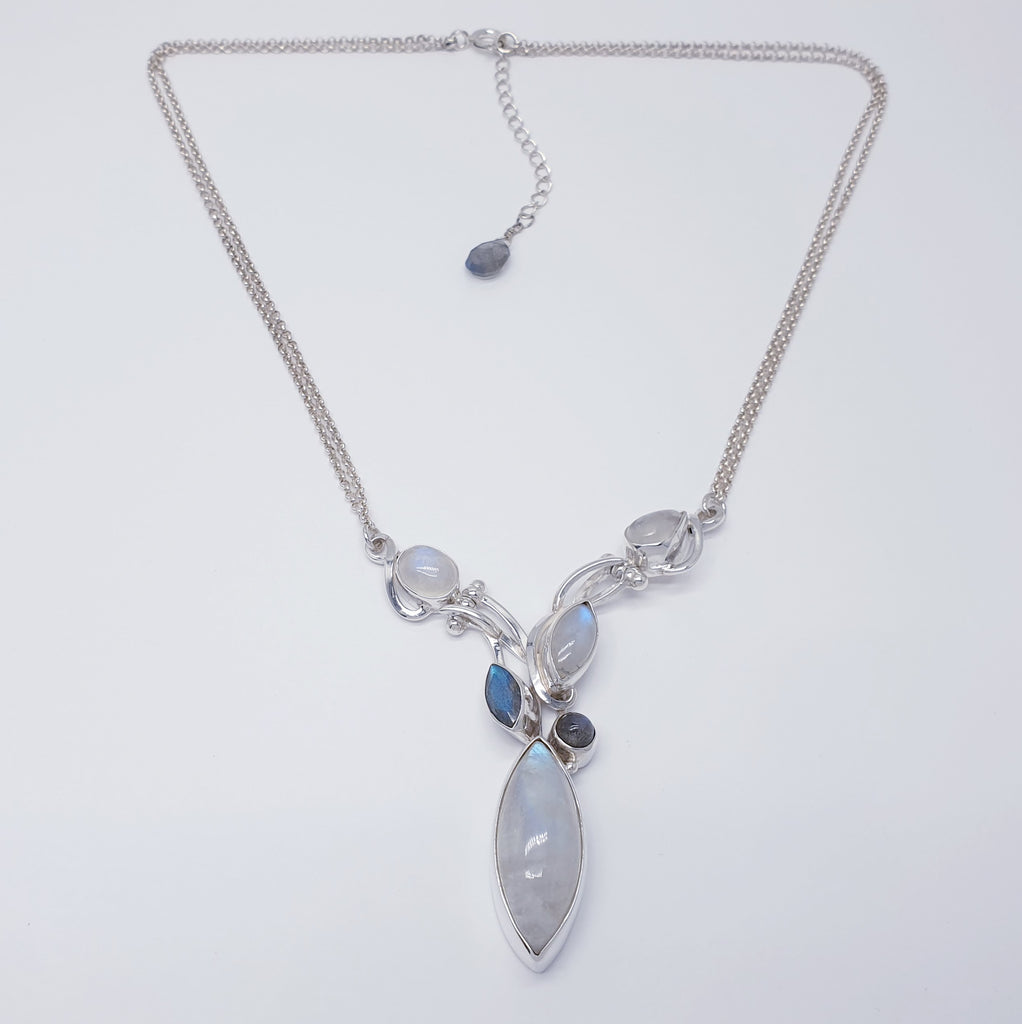 One-off Moonstone and Labradorite Sterling Silver Vine Drop Necklace 16"-18"