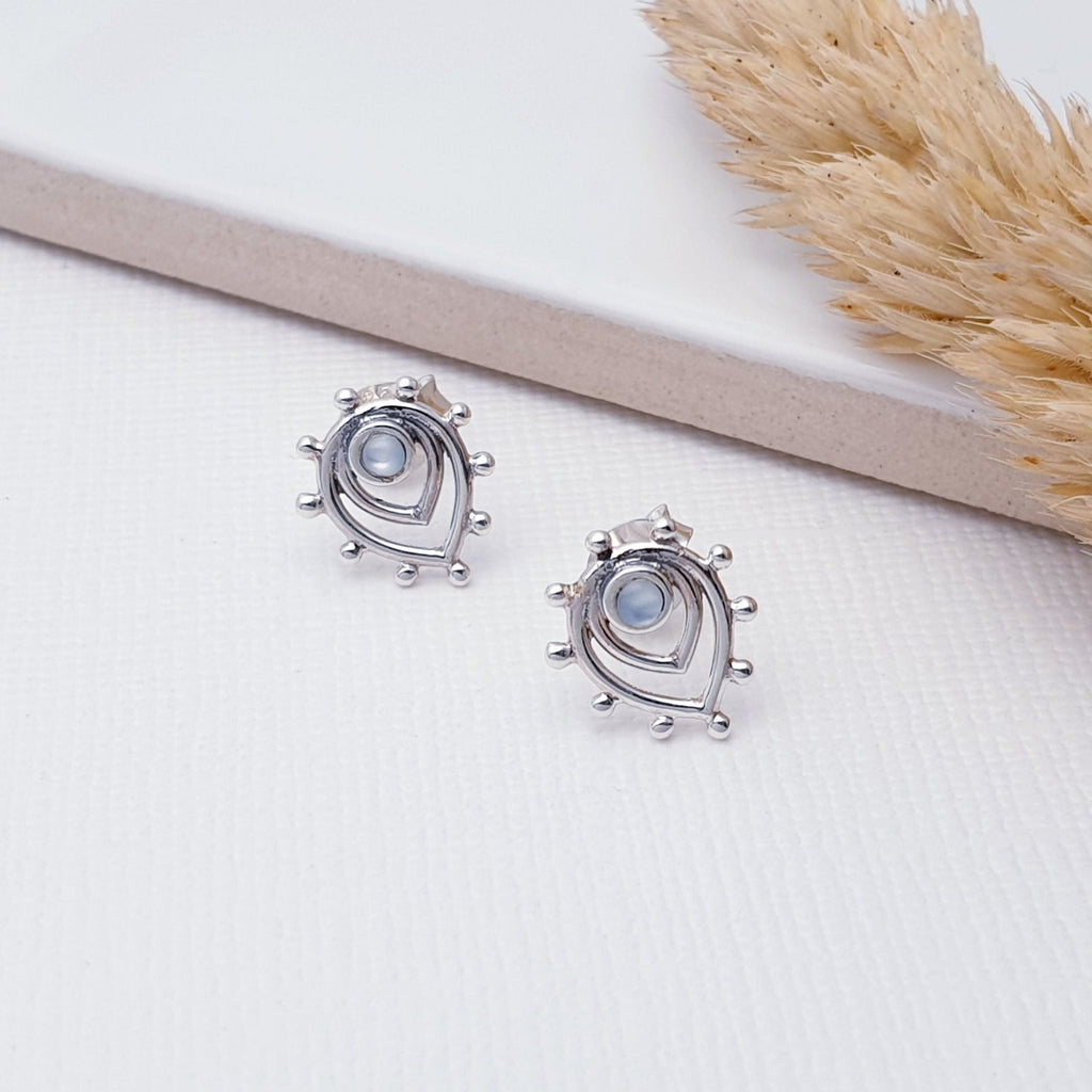 Our Sterling Silver Moonstone Twilight Studs are perfect for every day wear.  Sometimes less is more, and that is definitely the case with this gorgeous pair of Moonstone studs. Featuring tiny round Moonstone stones in simple silver settings, these earrings have beautiful, intricate detailing.