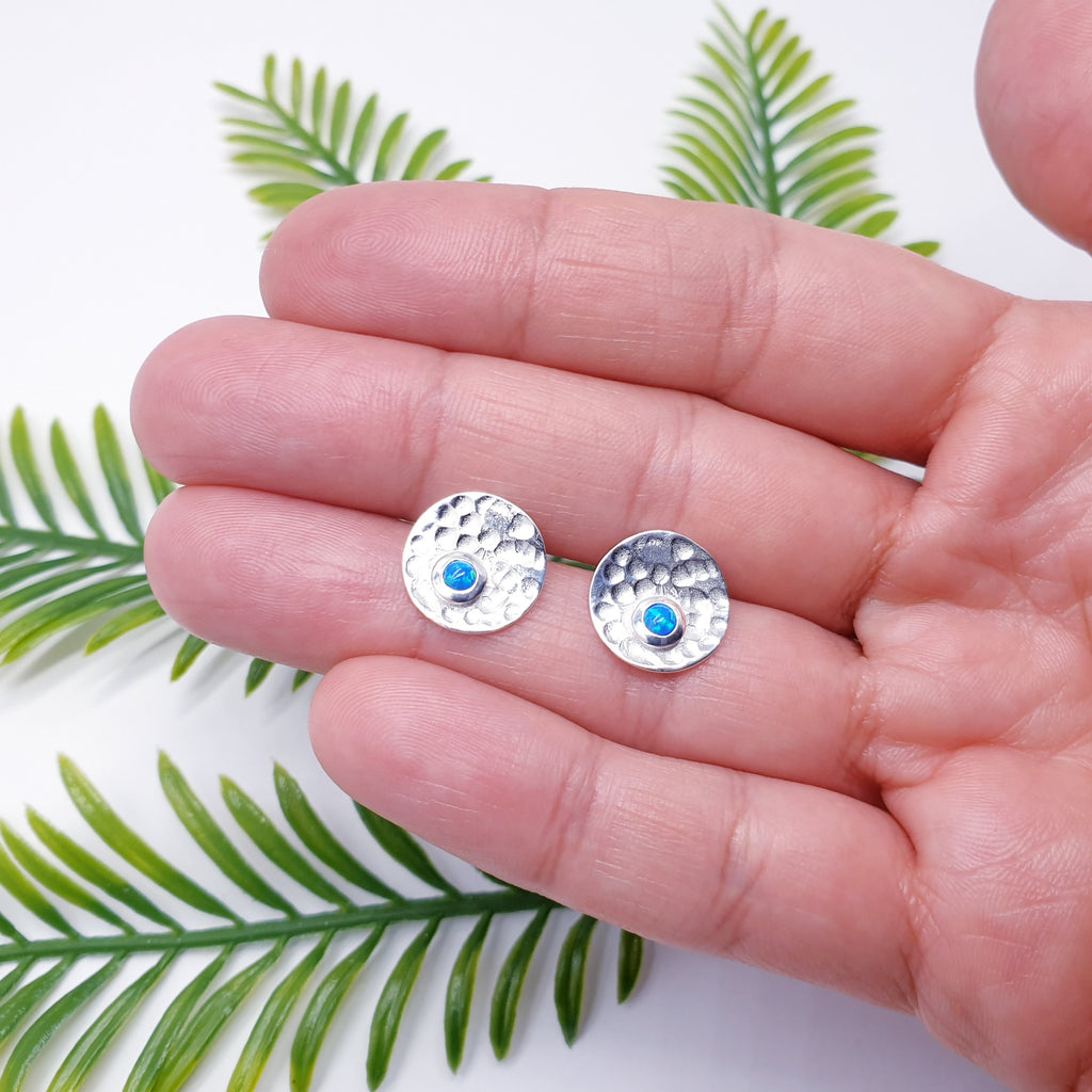 Reconstituted Opal Sterling Silver Hammered Disk Studs